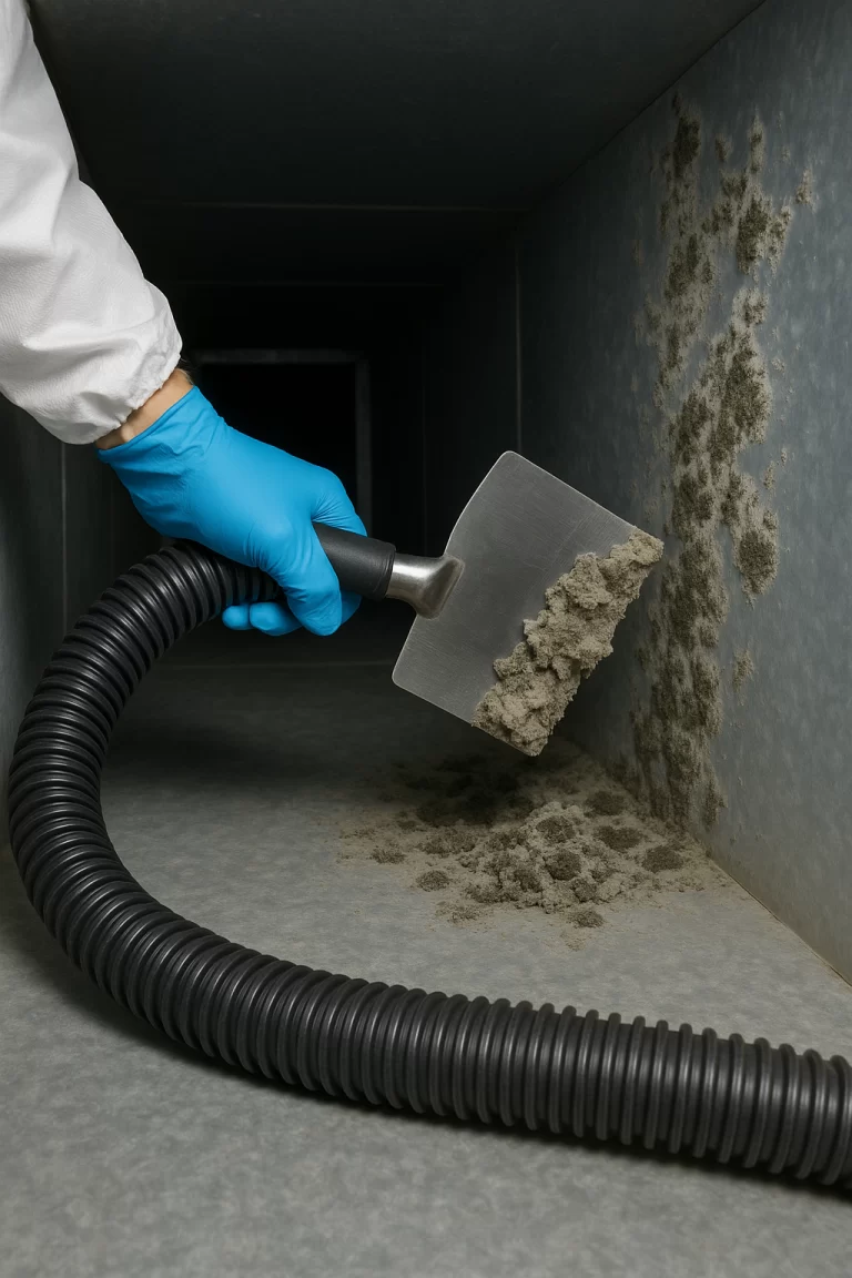 Technician cleaning heavy dust and debris from inside an air duct using a vacuum hose and scraper tool.