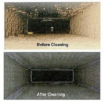 Before and after comparison of an air duct requiring mold removal and professional cleaning.