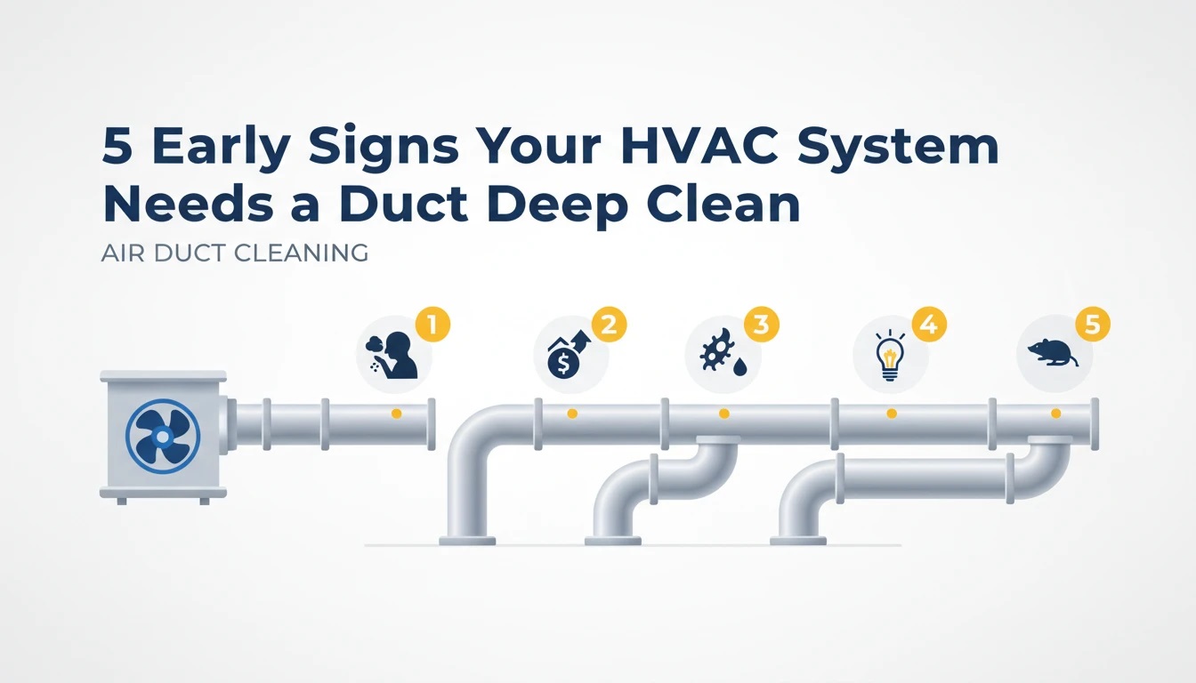 An infographic titled "5 Early Signs Your HVAC System Needs a Duct Deep Clean" showing icons for allergies, high bills, mold, odors, and pests, highlighting the need for emergency black mold removal.