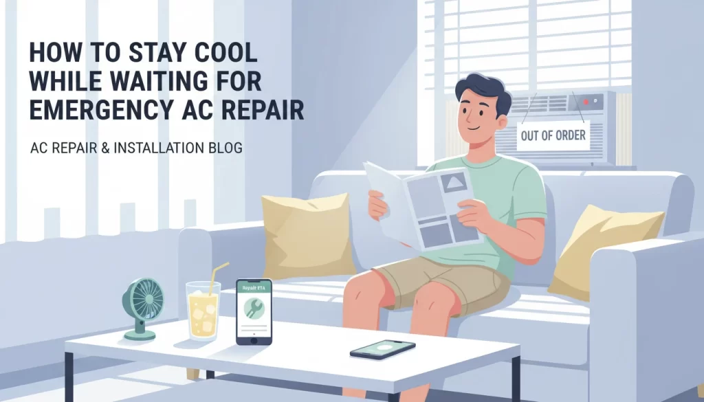An illustration of a man sitting on a sofa with a cold drink and a fan while waiting for AC Repair & Installation, featuring an "Out of Order" sign on a window unit.