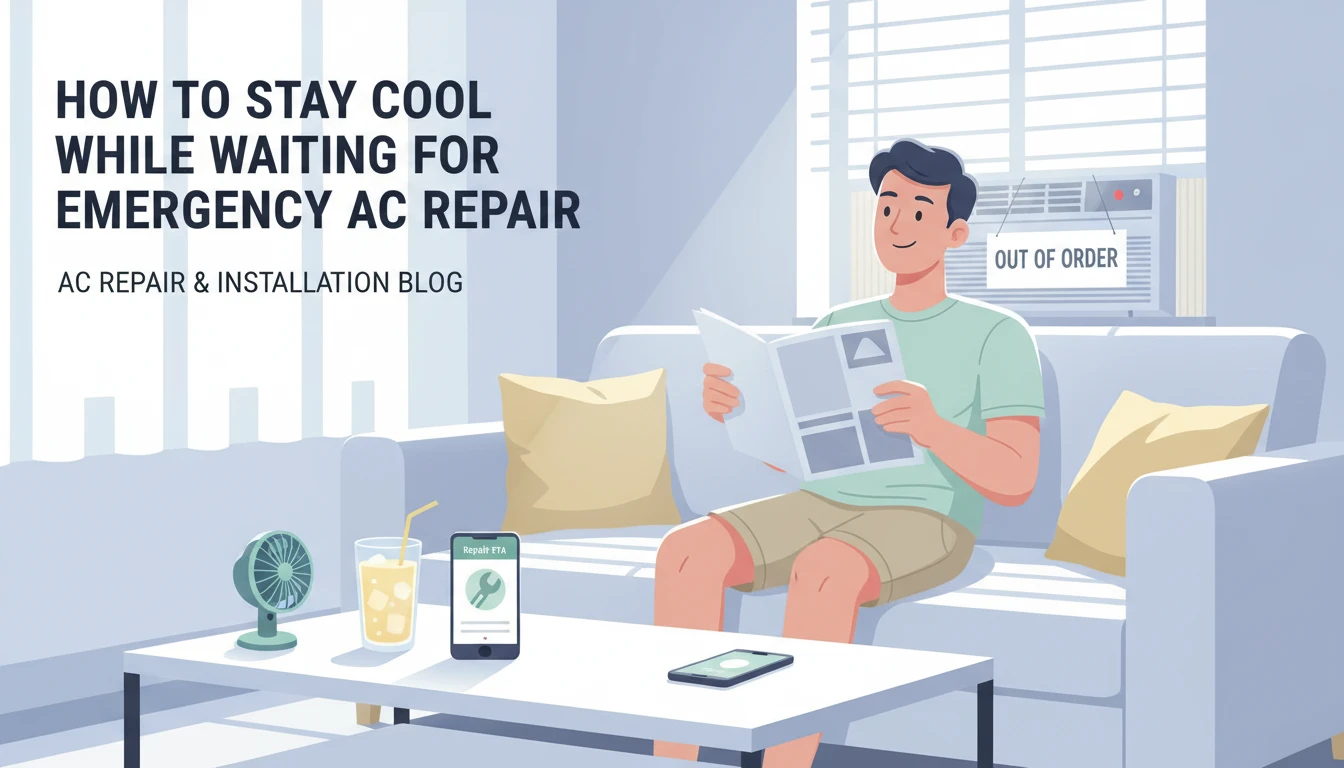An illustration of a man sitting on a sofa with a cold drink and a fan while waiting for AC Repair & Installation, featuring an "Out of Order" sign on a window unit.