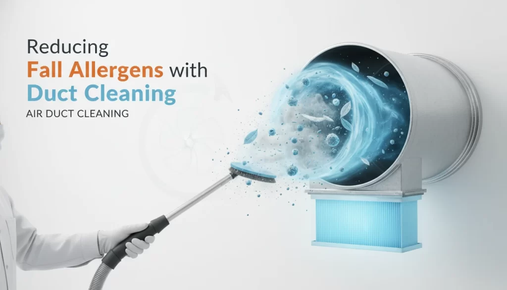 A technician using a specialized brush tool to remove dust and fall allergens from residential HVAC vents.