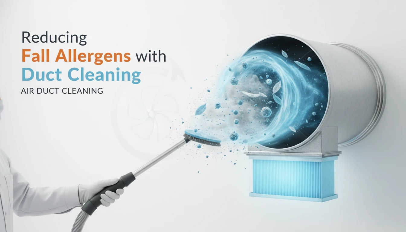 A technician using a specialized brush tool to remove dust and fall allergens from residential HVAC vents.