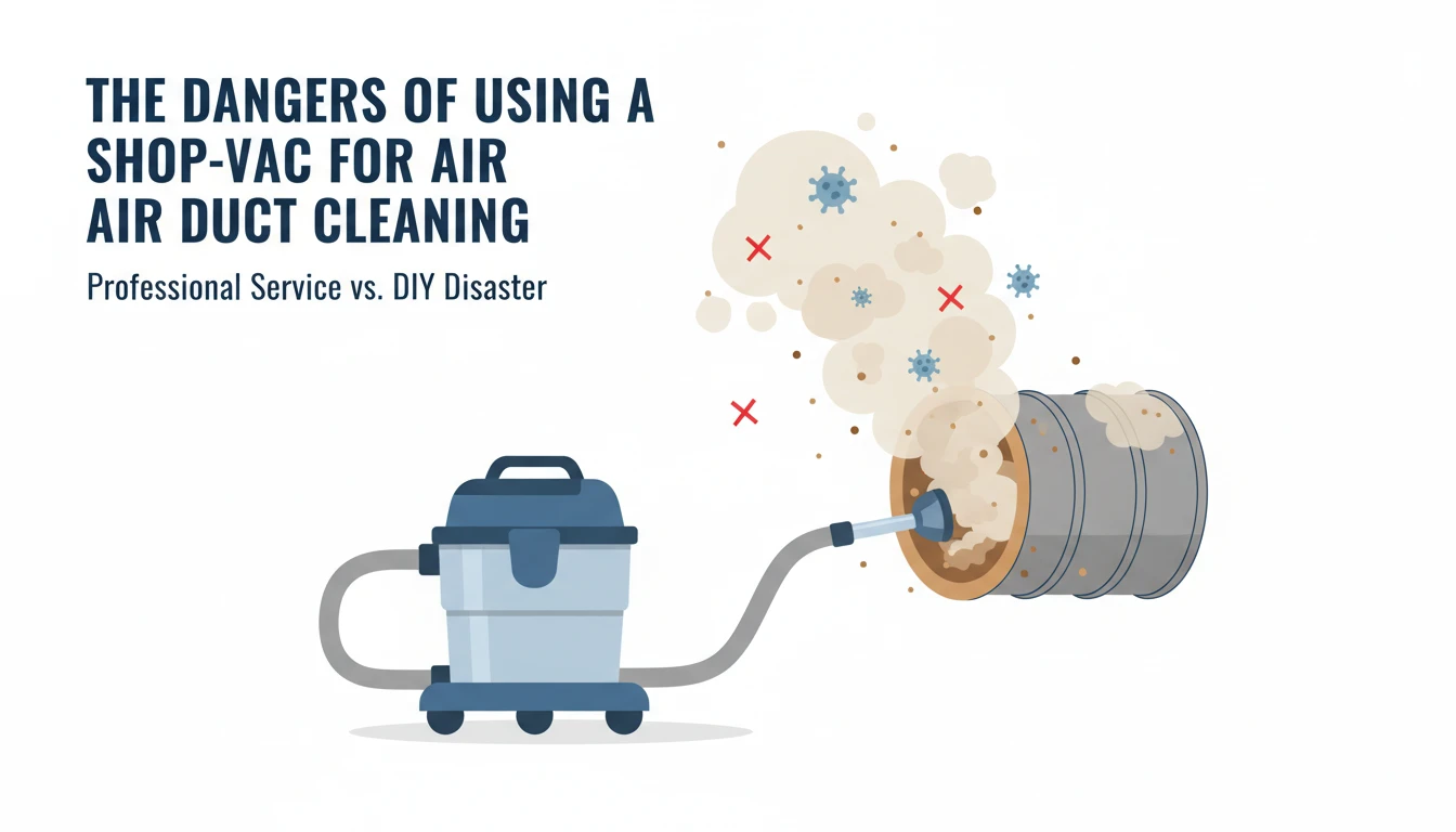 An educational illustration showing a shop-vac attempting to clean a ventilation duct, resulting in a large cloud of dust, germs, and debris escaping back into the air. The text reads "The Dangers of Using a Shop-Vac for Air Duct Cleaning: Professional Service vs. DIY Disaster.