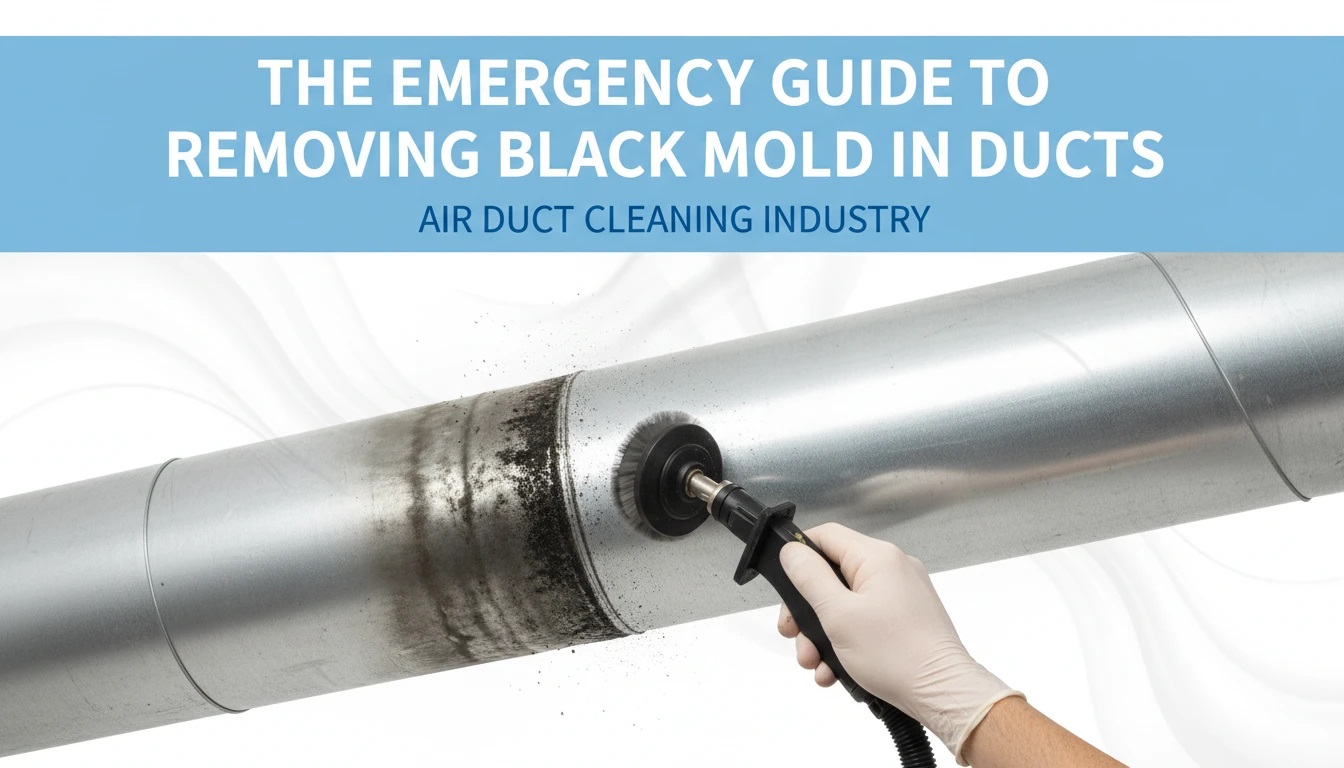 A professional technician performing emergency black mold removal in air ducts using a specialized rotary brush tool on a metal HVAC pipe.